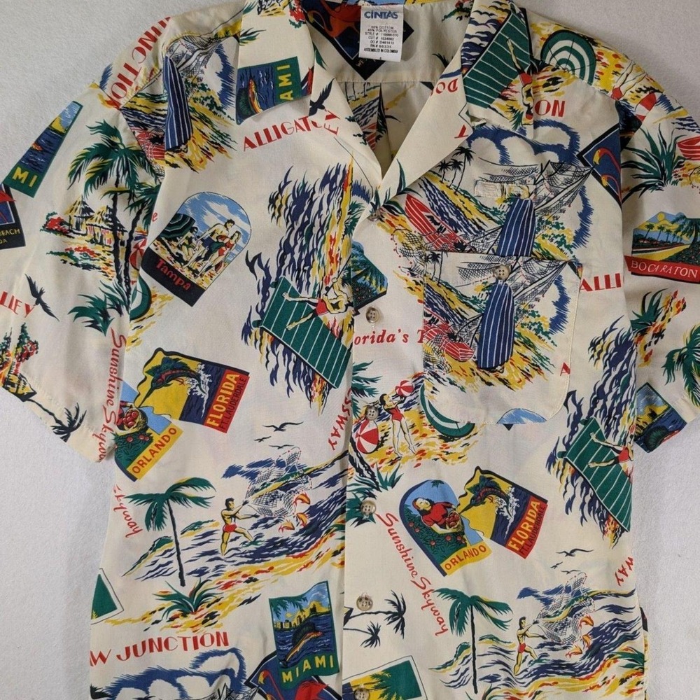 Cintas Vintage Florida Souvenir Print Short Sleeve Button Down Shirt Size S